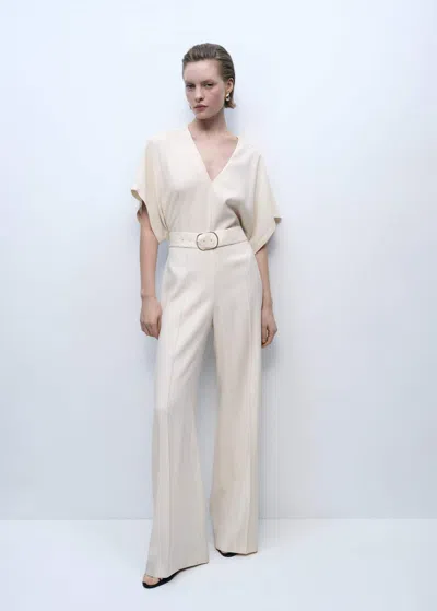 Mango Long Jumpsuit Belt Buckle Ecru