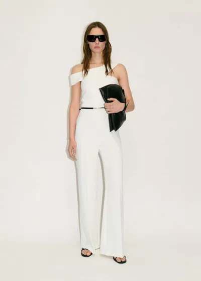 Mango Long Jumpsuit With Asymmetric Neck Off White