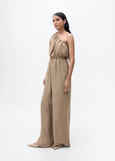 Mango Long Jumpsuit With Asymmetric Ruched Neckline In Light/pastel Grey