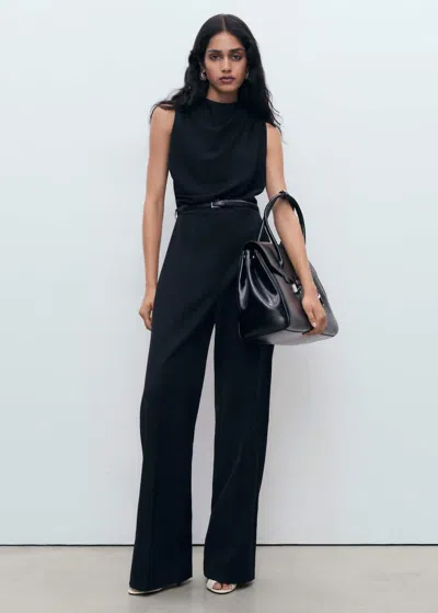 Mango Long Jumpsuit With Draped Neck And Belt Black