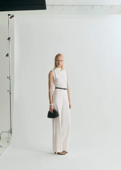 Mango Long Jumpsuit With Draped Neck And Belt Off White