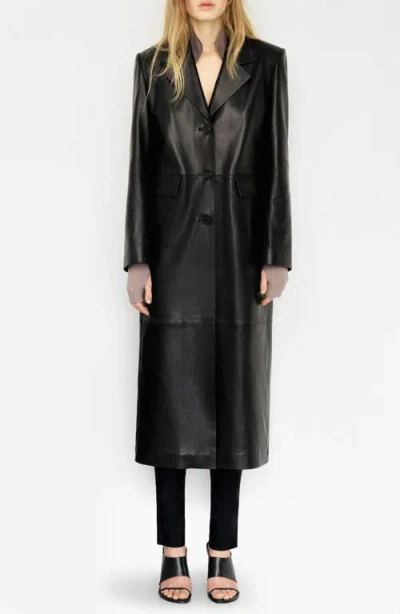 Mango Long Leather Coat In Black