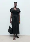 Mango Long Linen Dress With Gathered Panel In Noir