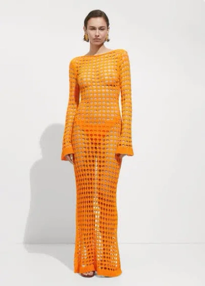Mango Long Openwork Knitted Dress Orange