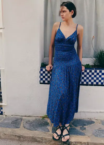 Mango Long Printed Dress In Blue
