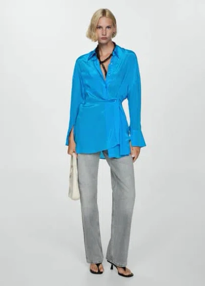 Mango Long Satin Shirt With Asymmetrical Closure Blue In Bleu