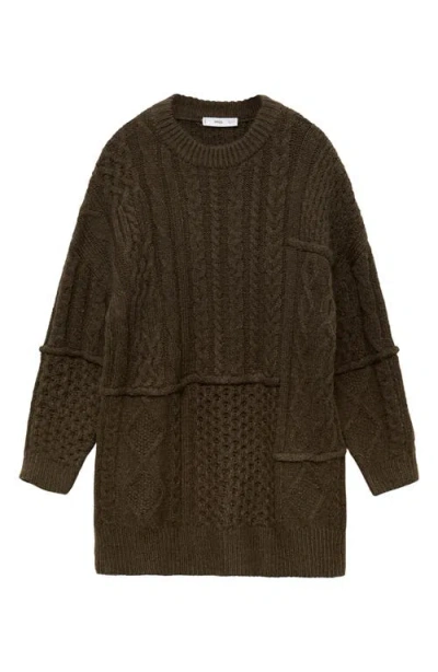 Mango Long Sleeve Cable Stitch Sweater Dress In Khaki Green