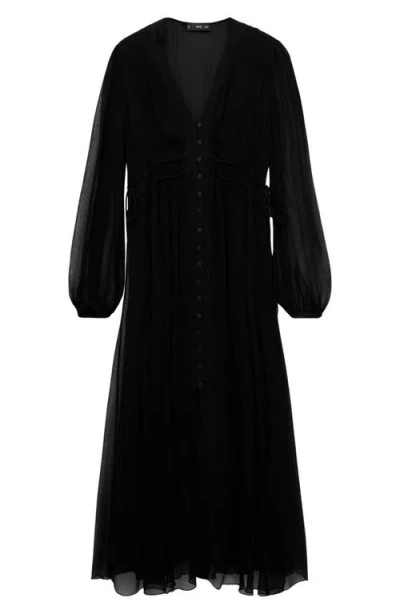 Mango Long Sleeve Chiffon Maxi Dress In Black