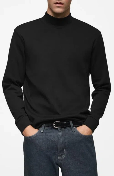 Mango Long Sleeve Cotton Mock Neck T-shirt In Black