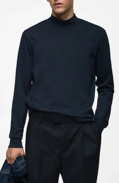Mango Long Sleeve Cotton Mock Neck T-shirt In Dark Navy