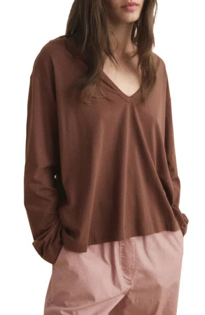 Mango Long Sleeve Cotton V-neck Pajama Top In Brown