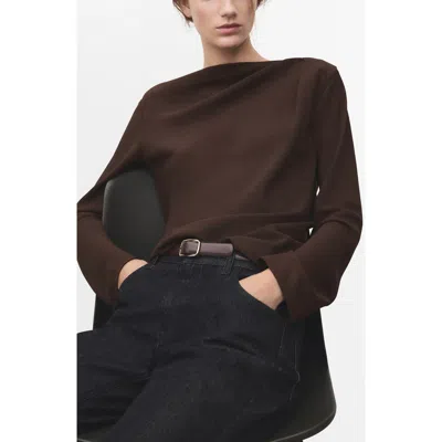 Mango Long Sleeve Drape Bateau Neck Top In Brown