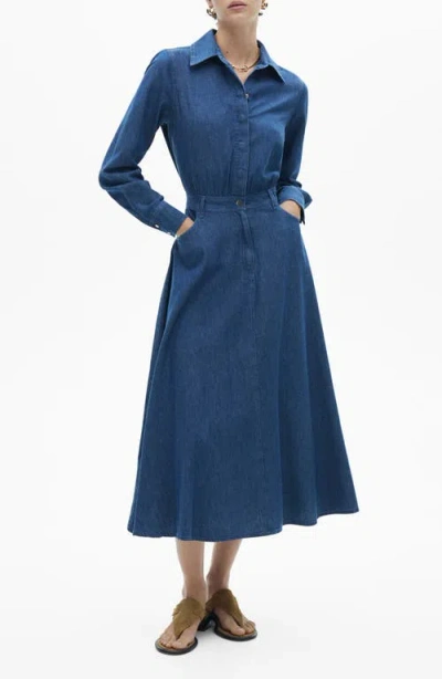 Mango Long Sleeve Fit & Flare Denim Midi Shirtdress In Dark Blue