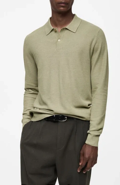 Mango Long Sleeve Mesh Polo In Green Apple