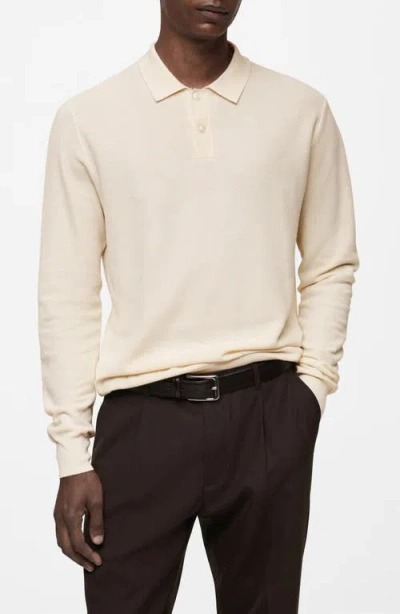 Mango Long Sleeve Mesh Polo In Off White