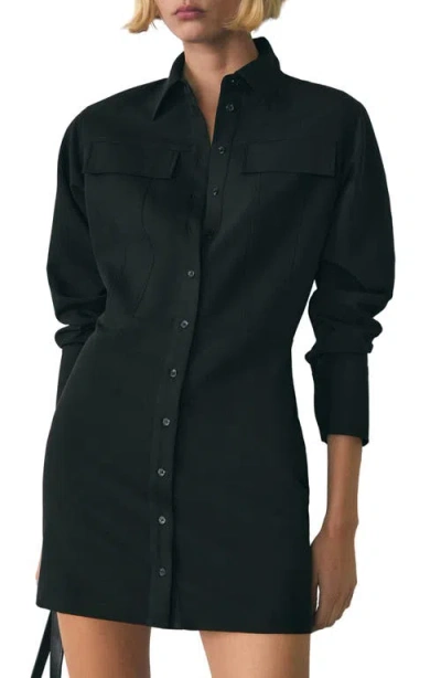 Mango Long Sleeve Mini Shirtdress In Black