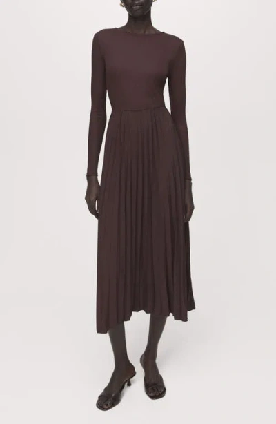 Mango Long Sleeve Pleated Midi Dress In Brown