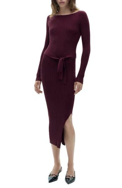 Mango Long Sleeve Rib Knit Midi Dress In Maroon