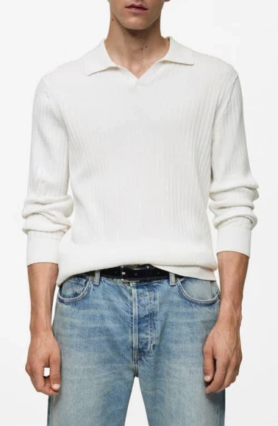 Mango Fine Rib-knit Polo Shirt Off White In Blanc Cassé