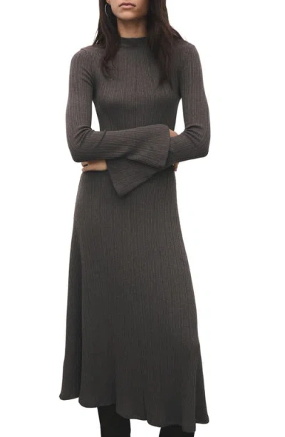 Mango Long Sleeve Rib Midi Dress In Gray