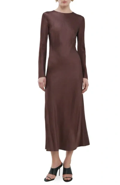 Mango Long Sleeve Satin Midi Dress In Brown