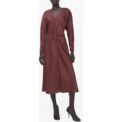 Mango Long Sleeve Satin Midi Dress In Burgundy