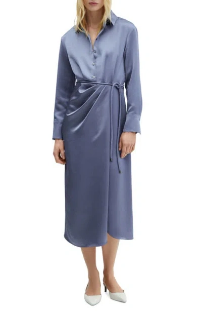 Mango Long Sleeve Satin Midi Shirtdress In Turquoise