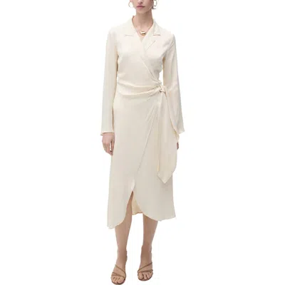 Mango Long Sleeve Satin Wrap Midi Shirtdress In Ecru