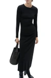 Mango Long Sleeve Stretch Cotton Midi Dress In Black
