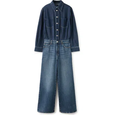 Mango Long Sleeve Wide Leg Denim Jumpsuit In Blue