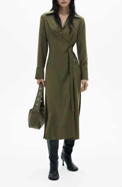 Mango Long Sleeve Wrap Shirtdress In Green