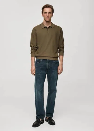 Mango Long-sleeved Structured Knitted Polo Shirt Medium Green In Vert Moyen