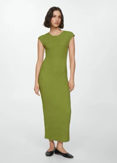 Mango Long Textured Dress Green In Vert