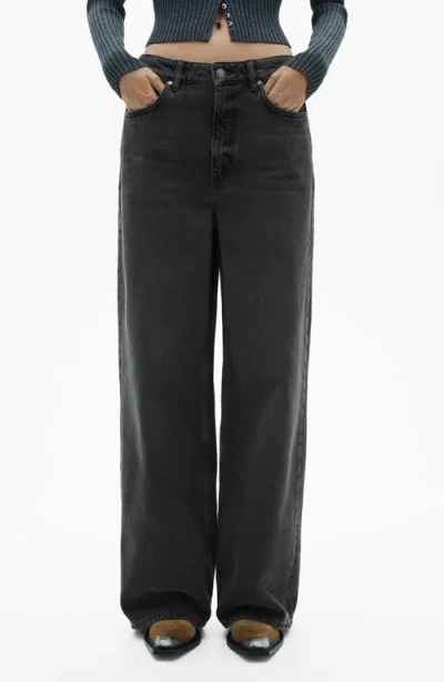 Mango Low Rise Wide Leg Jeans In Black Denim