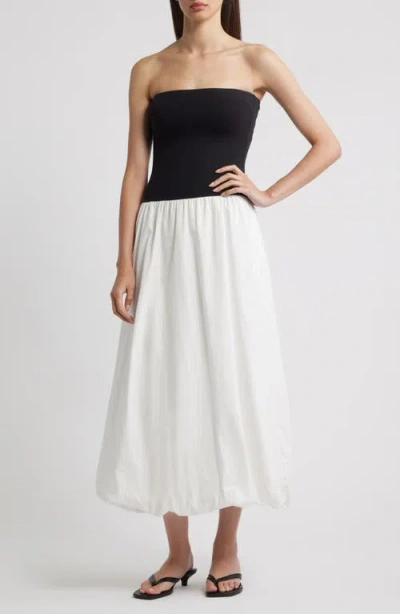 Mango Luigi Mixed Media Strapless Bubble Hem Dress In Black