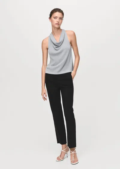 Mango Lurex Knitted Top With Draped Neck Silver In Gray