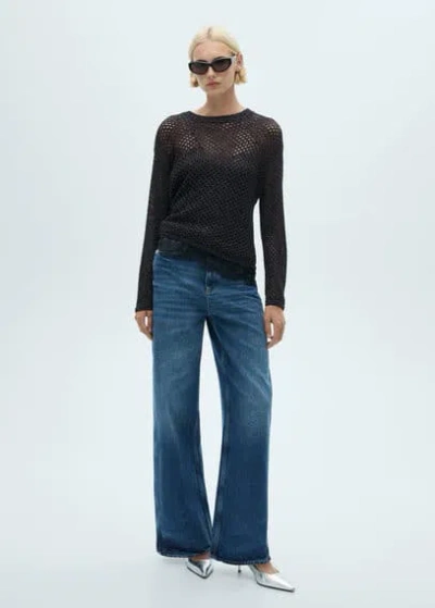 Mango Lurex Openwork Knitted Sweater Black In Noir