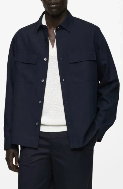 Mango Lyocell & Linen Button-up Overshirt In Dark Navy