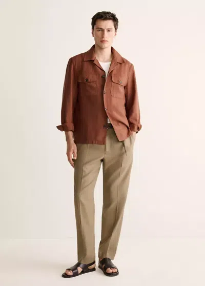 Mango Lyocell Linen Overshirt With Pockets In Brown