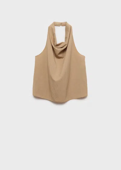 Mango Lyocell Top With Draped Neck Beige