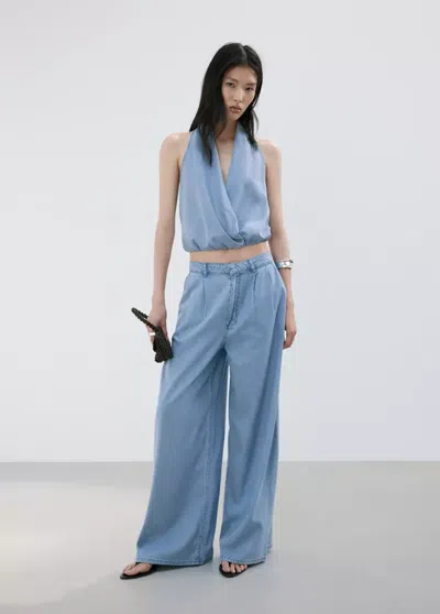 Mango Lyocell Top With Draped Neck In Light Blue