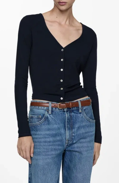 Mango Lyocell V-neck Button Front Top In Dark Navy