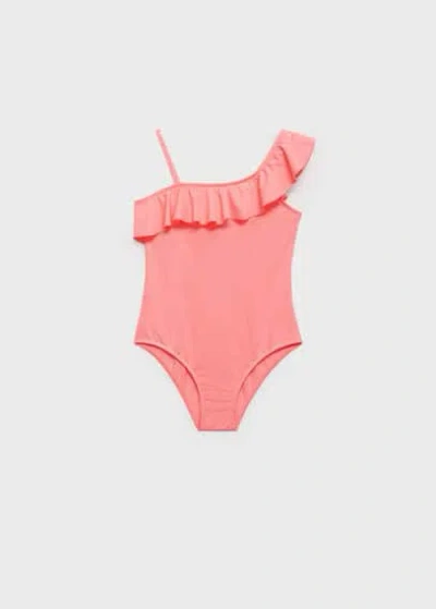 Mango Kids' Asymmetric Ruffle Swimsuit Neon Orange