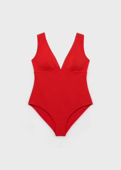 Mango Ribbed V-neck Swimsuit Red In Rouge