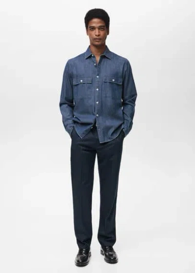 Mango Man 100% Cotton Chambray Shirt In Bleu Foncé