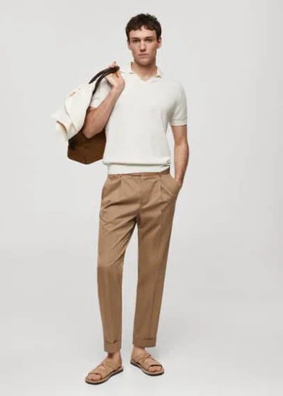 Mango Man 100% Cotton Knitted Polo Shirt In Off White