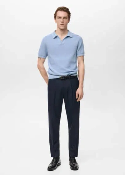 Mango Man 100% Cotton Knitted Polo Structure In Sky Blue