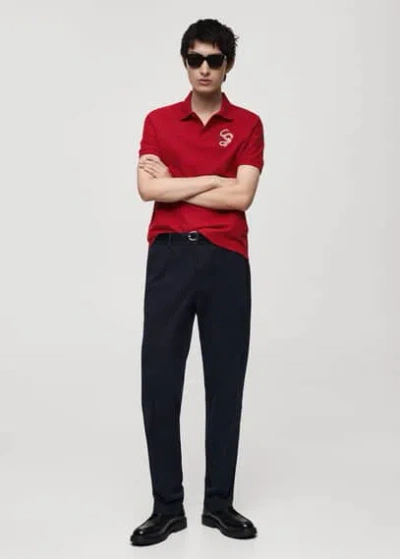 Mango Man 100% Cotton Polo Shirt With Embroidered Graphic On The Chest Red