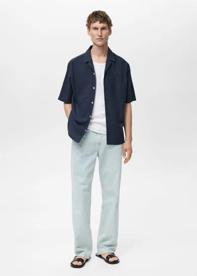 Mango Man 100% Cotton Check Seersucker Shirt In Dark Navy