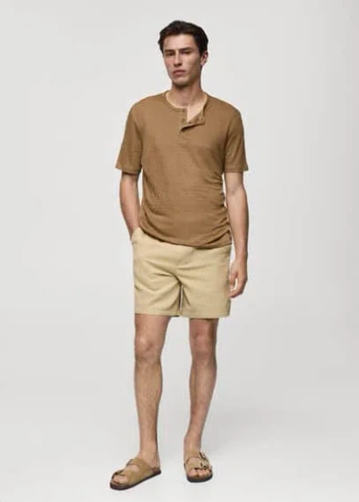 Mango Man Slim Fit Linen Blend T-shirt Beige